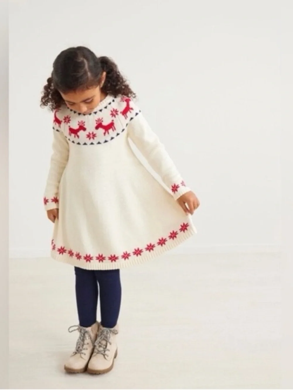Hanna Andersson Cream Knit Holiday Sweater Dress with Red Accents